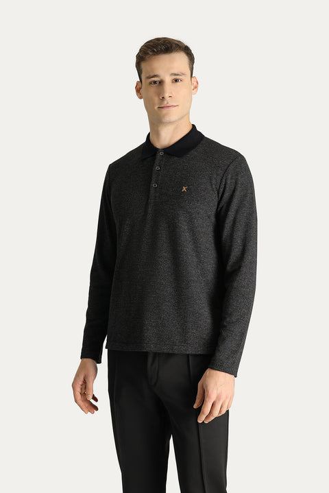 Dark Anthracite Polo Collar Patterned Embroidered Sweatshirt