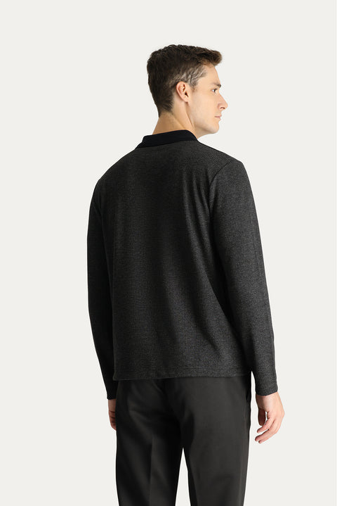 Dark Anthracite Polo Collar Patterned Embroidered Sweatshirt