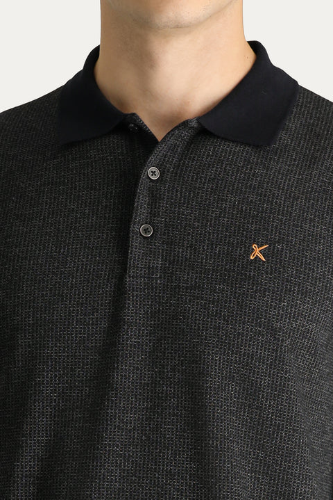 Dark Anthracite Polo Collar Patterned Embroidered Sweatshirt