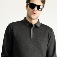 Dark Anthracite Polo Collar Regular Fit Patterned Embroidered Sweatshirt