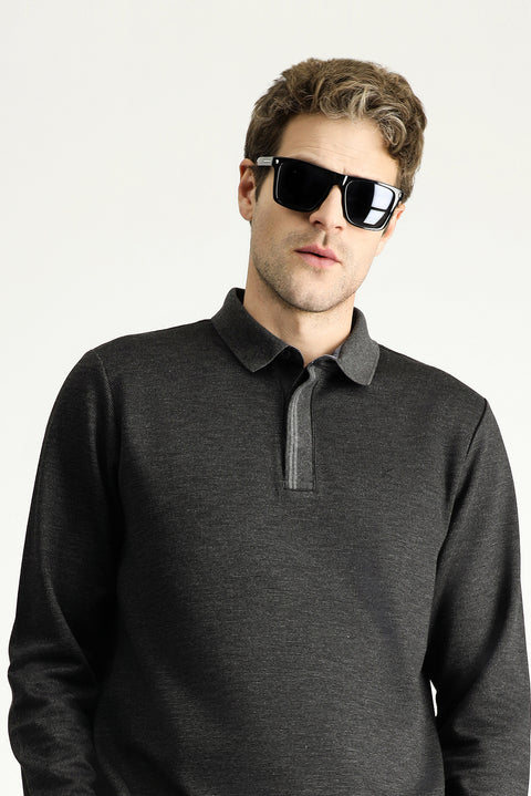 Dark Anthracite Polo Collar Regular Fit Patterned Embroidered Sweatshirt