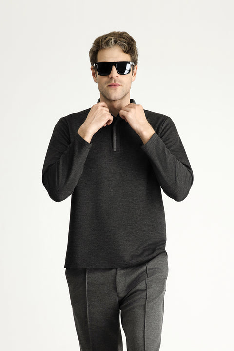 Dark Anthracite Polo Collar Regular Fit Patterned Embroidered Sweatshirt