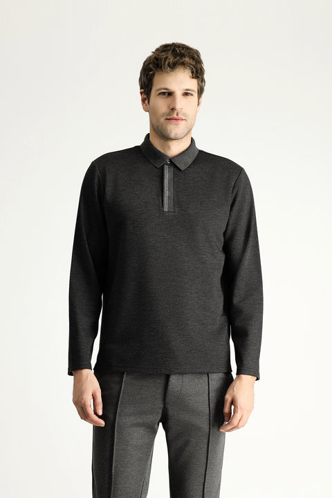 Dark Anthracite Polo Collar Regular Fit Patterned Embroidered Sweatshirt