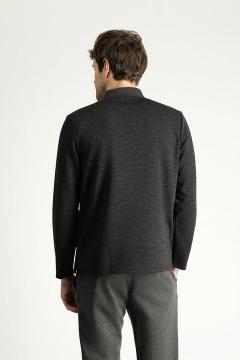 Dark Anthracite Polo Collar Regular Fit Patterned Embroidered Sweatshirt