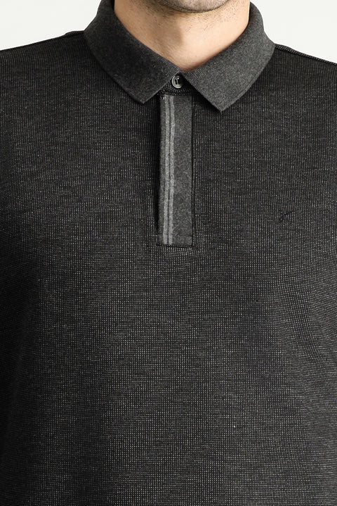 Dark Anthracite Polo Collar Regular Fit Patterned Embroidered Sweatshirt