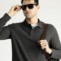 Medium Anthracite Melange Polo Collar Regular Fit Patterned Embroidered Sweatshirt