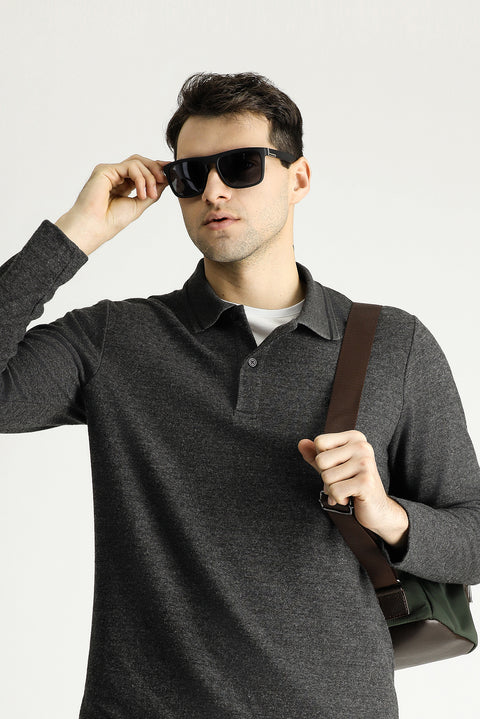Medium Anthracite Melange Polo Collar Regular Fit Patterned Embroidered Sweatshirt