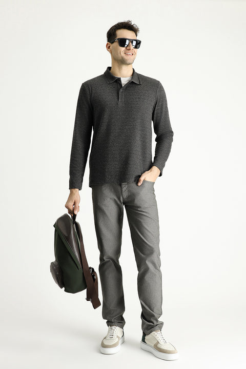 Medium Anthracite Melange Polo Collar Regular Fit Patterned Embroidered Sweatshirt