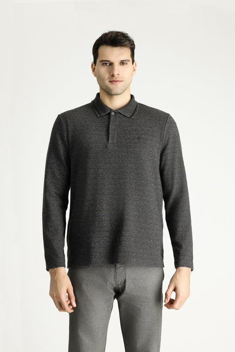 Medium Anthracite Melange Polo Collar Regular Fit Patterned Embroidered Sweatshirt