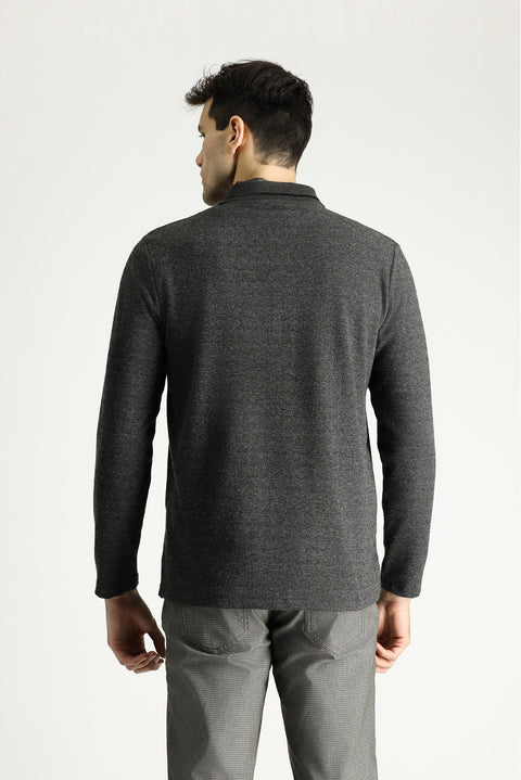 Medium Anthracite Melange Polo Collar Regular Fit Patterned Embroidered Sweatshirt