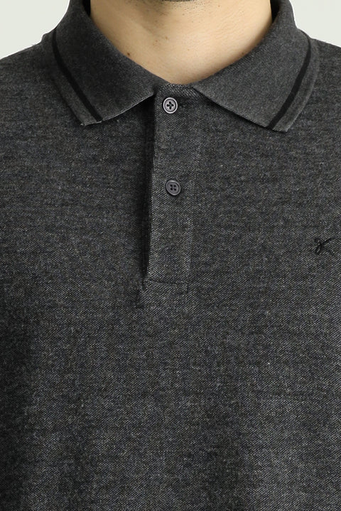 Medium Anthracite Melange Polo Collar Regular Fit Patterned Embroidered Sweatshirt