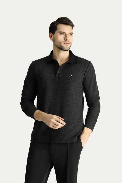 Orta Anrasit Melanj Polo Yaka Regular Fit Desenli Nakışlı Sweatshirt