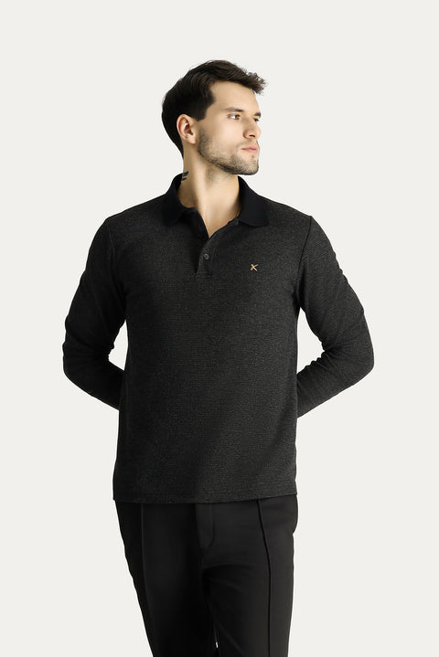 Orta Anrasit Melanj Polo Yaka Regular Fit Desenli Nakışlı Sweatshirt
