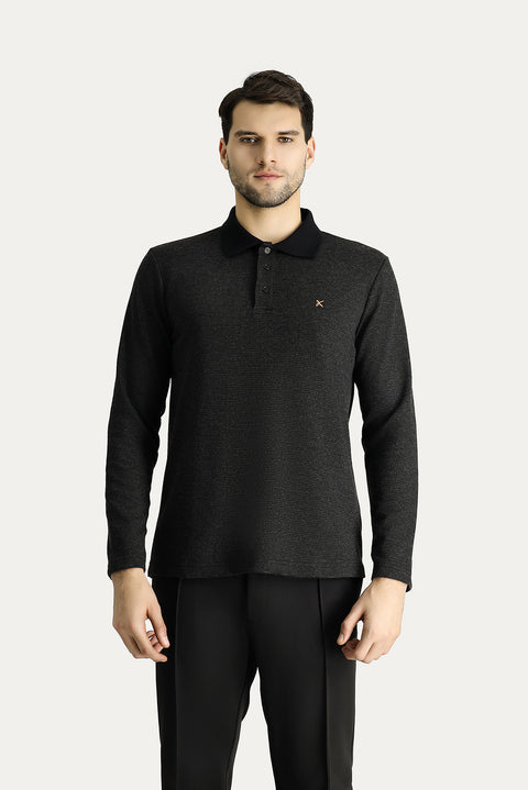Orta Anrasit Melanj Polo Yaka Regular Fit Desenli Nakışlı Sweatshirt