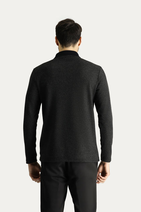 Orta Anrasit Melanj Polo Yaka Regular Fit Desenli Nakışlı Sweatshirt