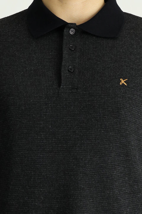 Orta Anrasit Melanj Polo Yaka Regular Fit Desenli Nakışlı Sweatshirt