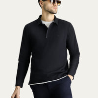 Navy Blue Polo Shirt with Patterned Embroidered Design