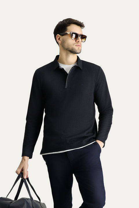 Navy Blue Polo Shirt with Patterned Embroidered Design