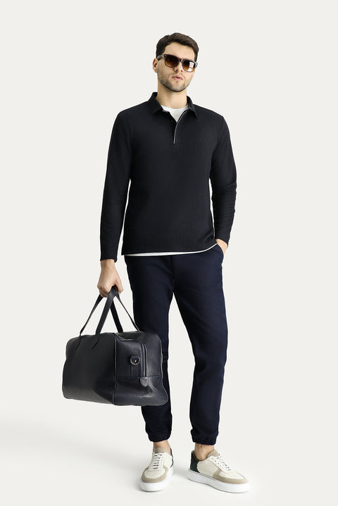 Navy Blue Polo Shirt with Patterned Embroidered Design