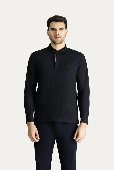 Navy Blue Polo Shirt with Patterned Embroidered Design
