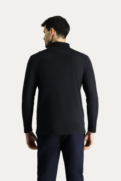 Navy Blue Polo Shirt with Patterned Embroidered Design