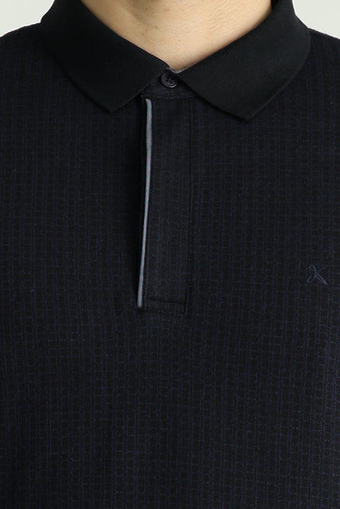 Navy Blue Polo Shirt with Patterned Embroidered Design