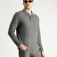 Medium Grey Melange Polo Collar Regular Fit Patterned Embroidered Cotton Sweatshirt