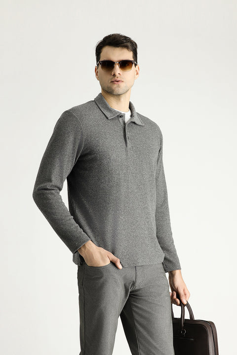 Medium Grey Melange Polo Collar Regular Fit Patterned Embroidered Cotton Sweatshirt