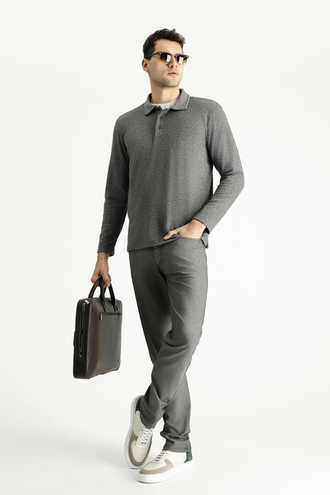 Medium Grey Melange Polo Collar Regular Fit Patterned Embroidered Cotton Sweatshirt