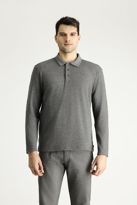Medium Grey Melange Polo Collar Regular Fit Patterned Embroidered Cotton Sweatshirt