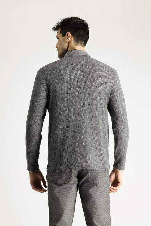 Medium Grey Melange Polo Collar Regular Fit Patterned Embroidered Cotton Sweatshirt