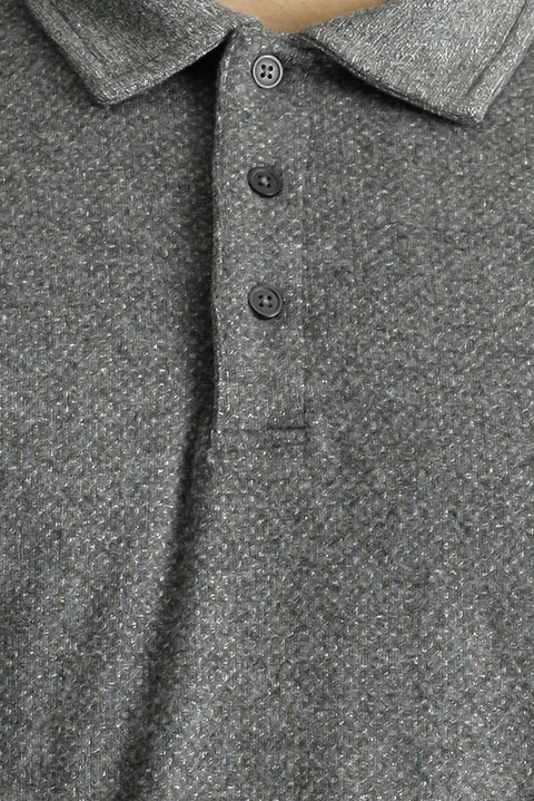 Medium Grey Melange Polo Collar Regular Fit Patterned Embroidered Cotton Sweatshirt