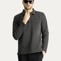 Black Polo Collar Patterned Embroidered Cotton Sweatshirt