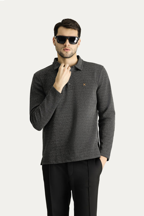 Black Polo Collar Patterned Embroidered Cotton Sweatshirt
