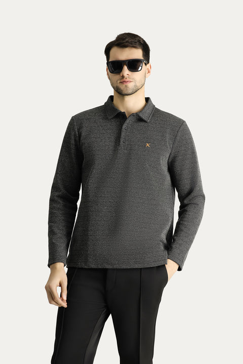 Black Polo Collar Patterned Embroidered Cotton Sweatshirt