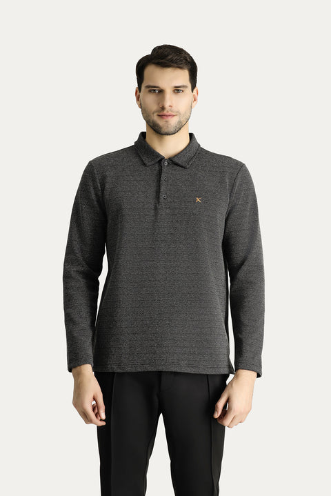 Black Polo Collar Patterned Embroidered Cotton Sweatshirt