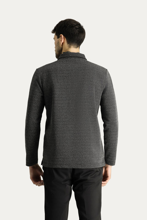 Black Polo Collar Patterned Embroidered Cotton Sweatshirt