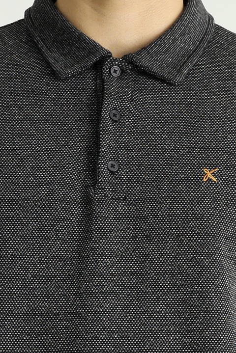 Black Polo Collar Patterned Embroidered Cotton Sweatshirt