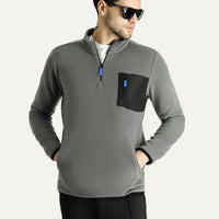 Medium Grey Melange Stand-Up Collar Half-Zip Cold-Resistant, Non-Pilling Fleece Sweatshirt with Pocket Details