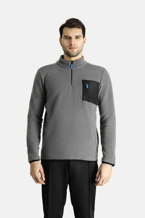 Medium Grey Melange Stand-Up Collar Half-Zip Cold-Resistant, Non-Pilling Fleece Sweatshirt with Pocket Details