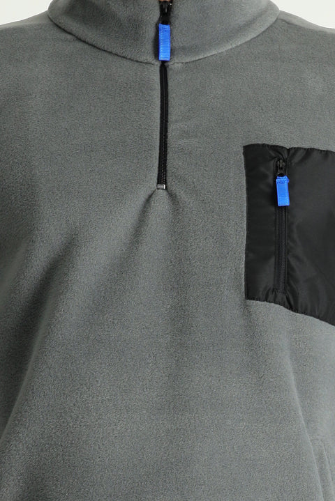 Medium Grey Melange Stand-Up Collar Half-Zip Cold-Resistant, Non-Pilling Fleece Sweatshirt with Pocket Details