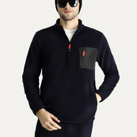Dark Navy Stand-Up Collar Half-Zip Cold-Resistant, Non-Pilling Fleece Sweatshirt with Pocket Details
