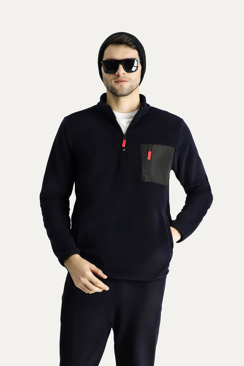 Dark Navy Stand-Up Collar Half-Zip Cold-Resistant, Non-Pilling Fleece Sweatshirt with Pocket Details