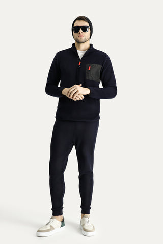  Koyu Lacivert Dik Yaka Yarım Fermuarlı Soğuk Geçirmez Tüylenme Yapmayan Cep Detaylı Polar Sweatshirt