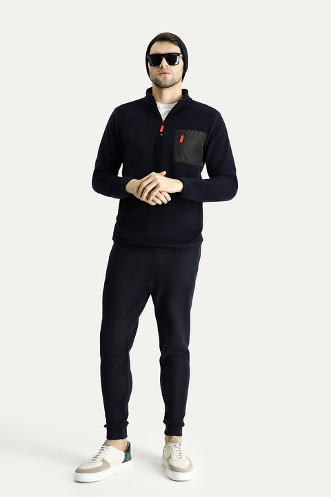 Dark Navy Stand-Up Collar Half-Zip Cold-Resistant, Non-Pilling Fleece Sweatshirt with Pocket Details
