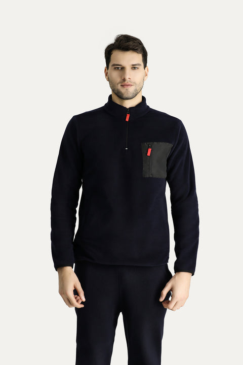 Dark Navy Stand-Up Collar Half-Zip Cold-Resistant, Non-Pilling Fleece Sweatshirt with Pocket Details