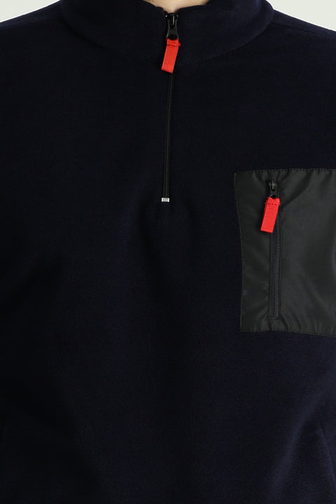 Dark Navy Stand-Up Collar Half-Zip Cold-Resistant, Non-Pilling Fleece Sweatshirt with Pocket Details