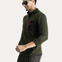 Medium Khaki Stand-Up Collar Half-Zip Cold-Resistant, Non-Pilling Fleece Sweatshirt with Pocket Details