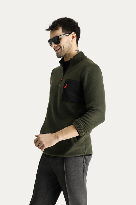 Medium Khaki Stand-Up Collar Half-Zip Cold-Resistant, Non-Pilling Fleece Sweatshirt with Pocket Details