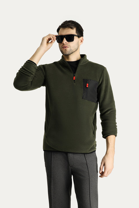 Medium Khaki Stand-Up Collar Half-Zip Cold-Resistant, Non-Pilling Fleece Sweatshirt with Pocket Details